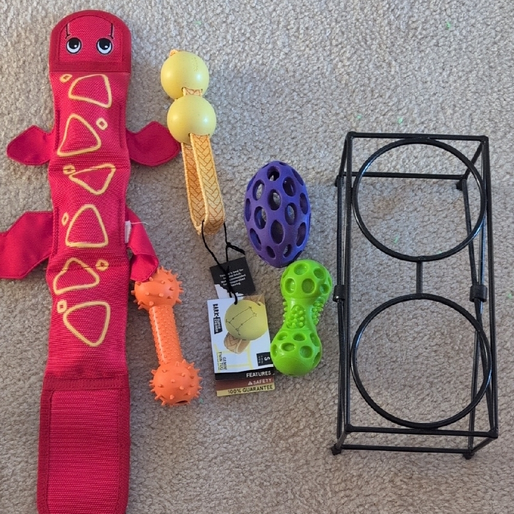 Dog toys and feeding stand